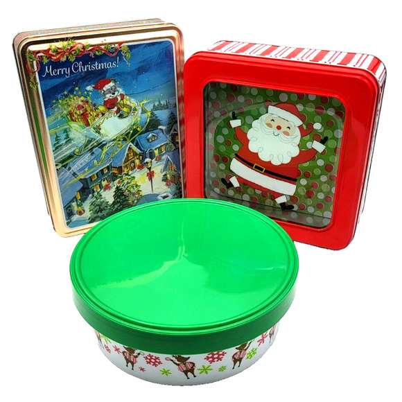LOT of 3 Festive Christmas Holiday Tins 9x6 Rectangle 6" Square and 6" Round YK - Picture 9 of 9